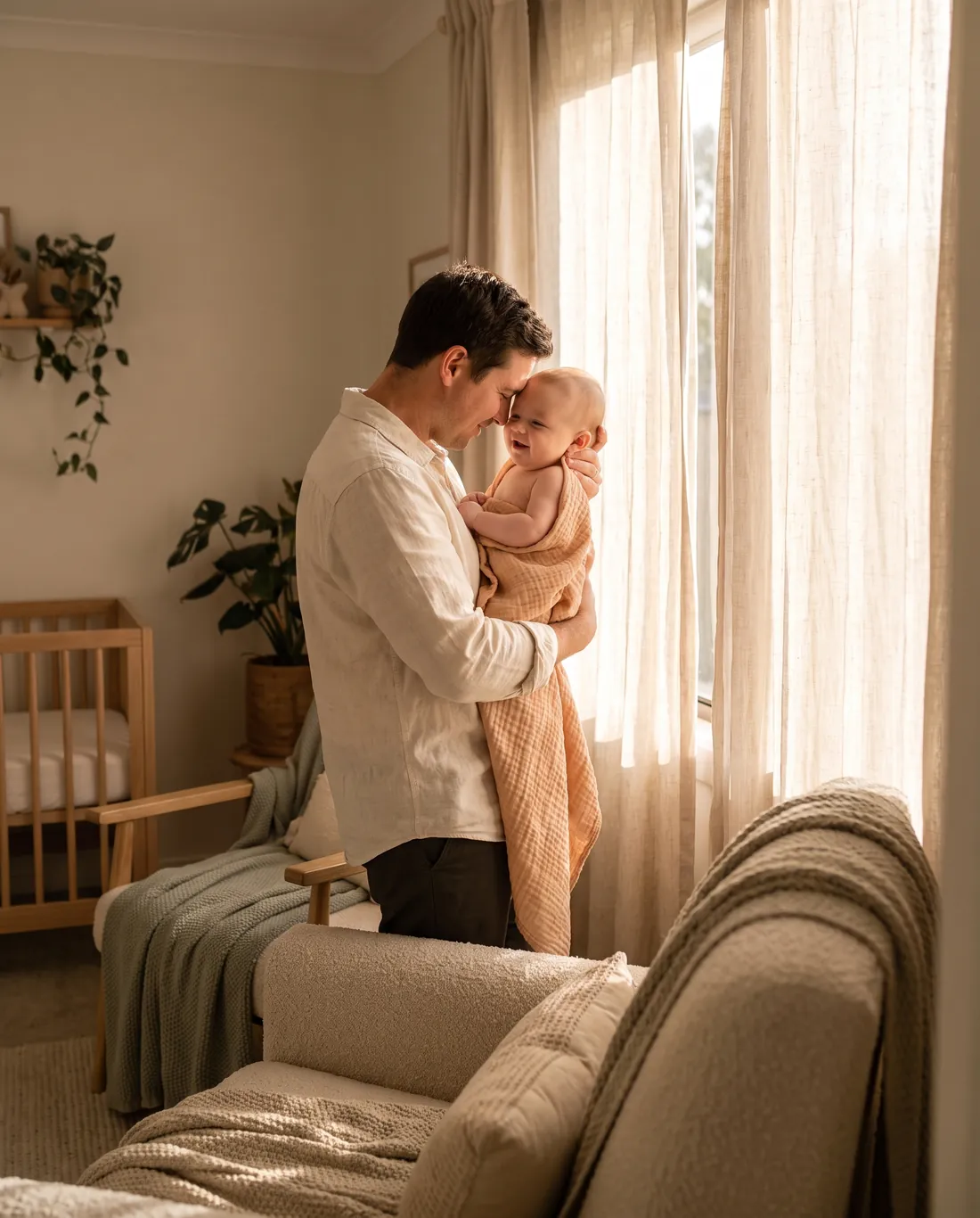A parent cradling a smiling baby in a peach muslin blanket by a sunlit window